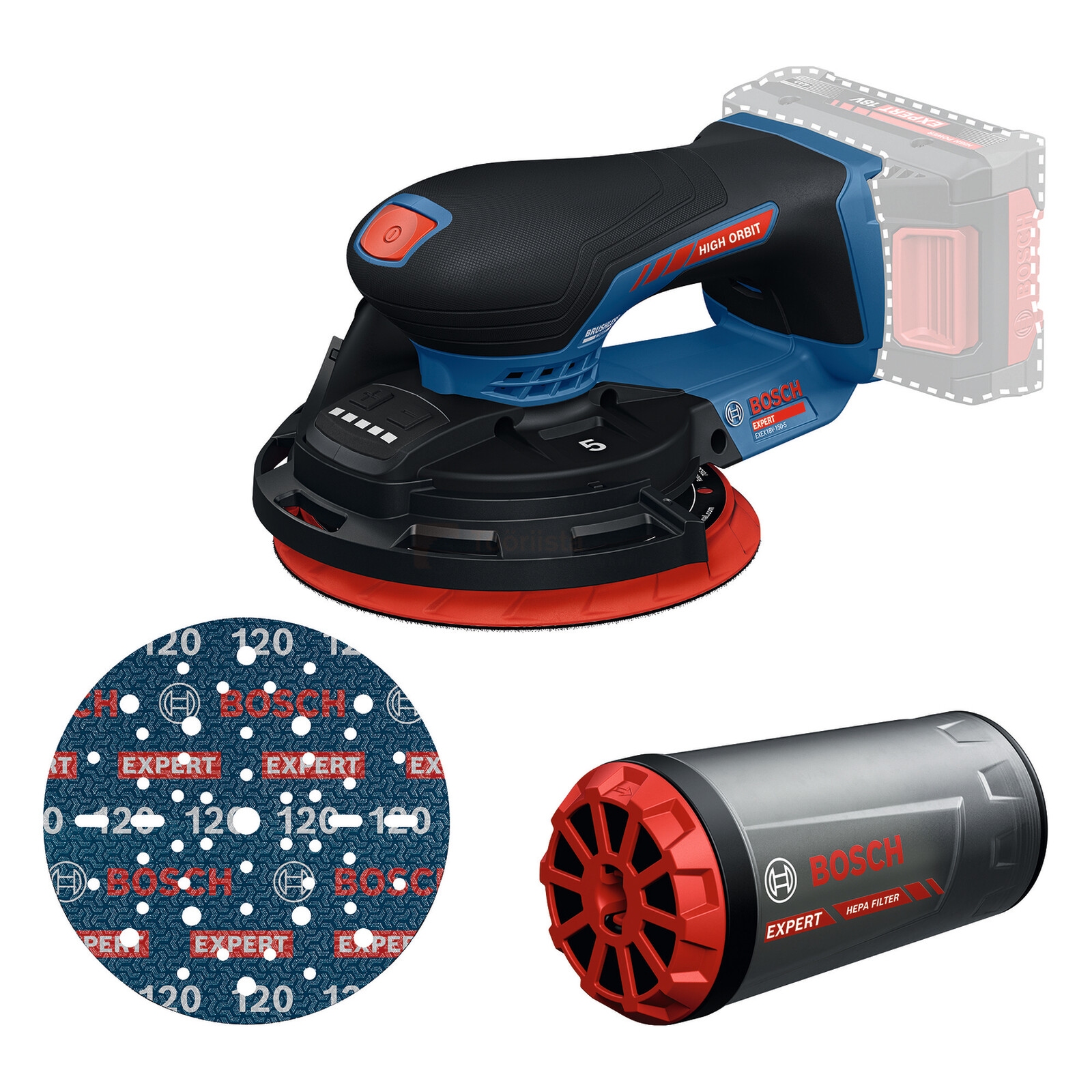 Bosch bezvadu ekscentriskais slīpmašīna EXEX18V-150-5, bez akumulatora un lādētāja